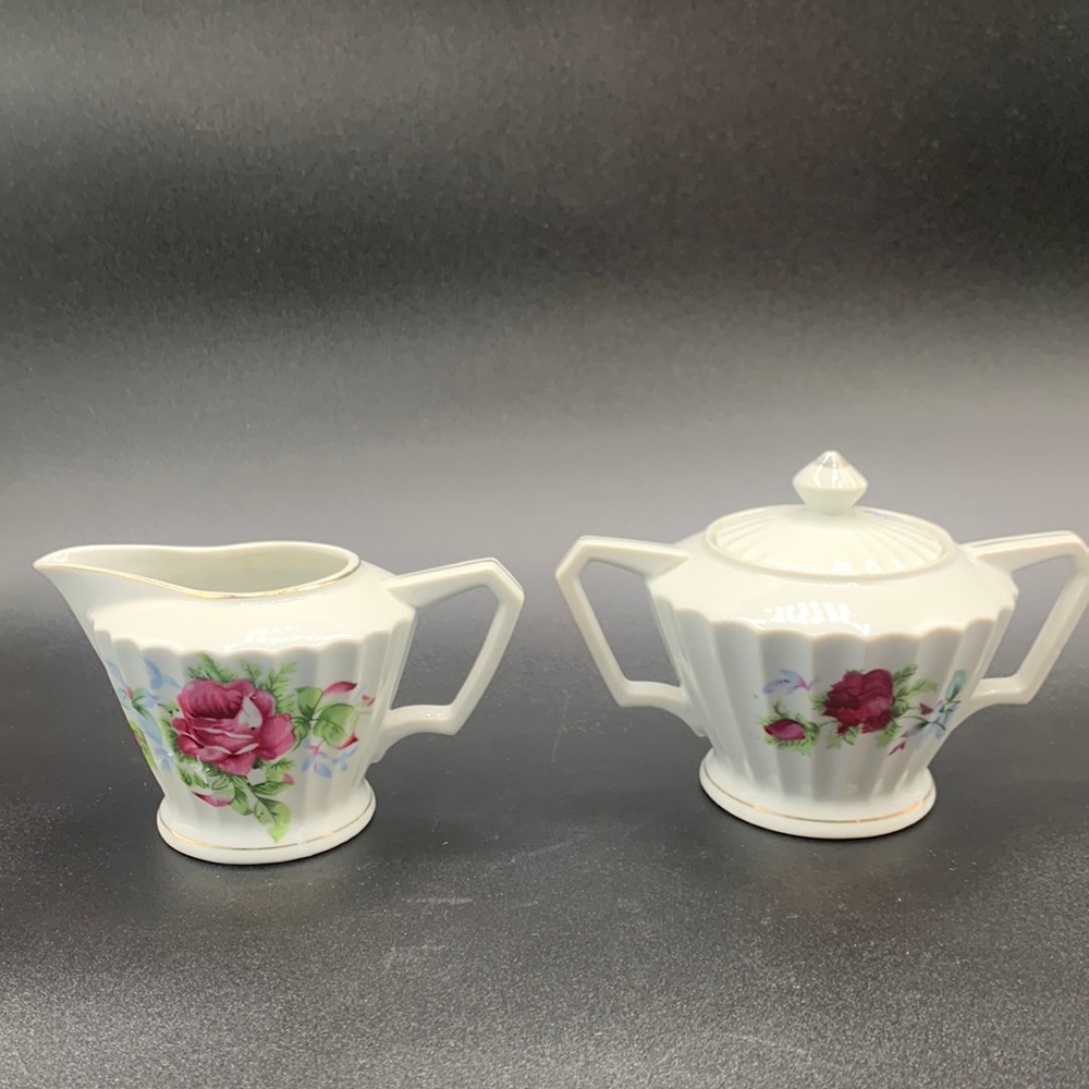 Vintage Replacement Lefton China Elegant Rose Footed Creamer & Sugar Bowl